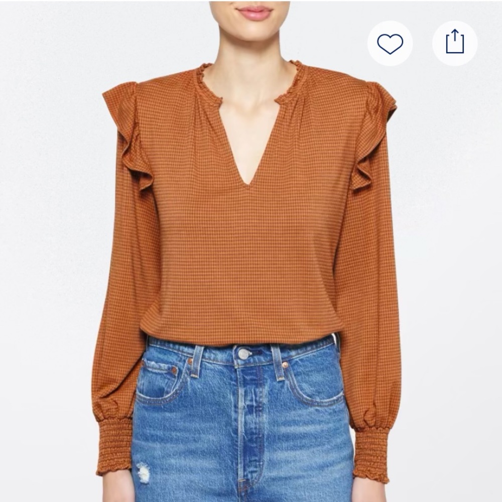 Rust brown mustard ruffle sleeve balloon sleeve top